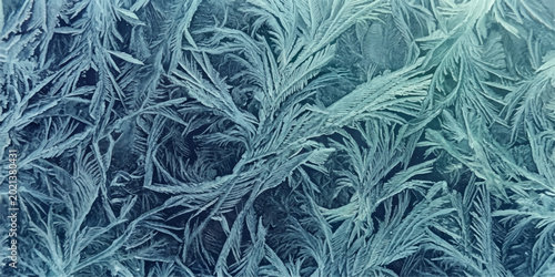 Konstfotografi Intricate, frosty ice crystals on a window pane, a natural and beautiful winter pattern in a close-up shot