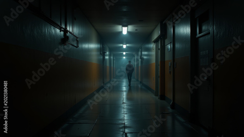 Long abandoned hallway illuminated by cold atmospheric lighting creating suspenseful futuristic environment with cinematic horror inspired mood