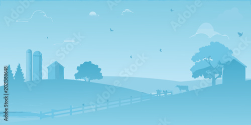 Tableau sur toile monochromatic farm landscape with silos and grazing cows