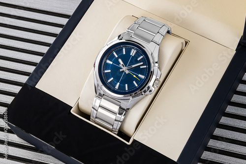 Картината върху платно Premium men’s wristwatch with polished steel bracelet, blue dial, chronograph an