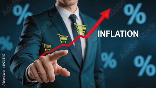 Businessman touching rising red arrow graph with shopping carts and percent signs, illustrating high inflation rates, increasing consumer prices, economic crisis, cost of living