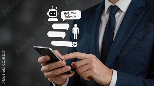 Businessman using smartphone with chatbot conversation interface, artificial intelligence customer support and automated messaging service concept.