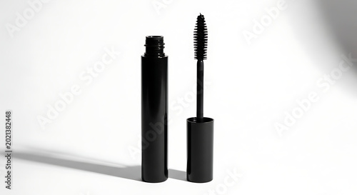 Black mascara tube and wand on neutral background