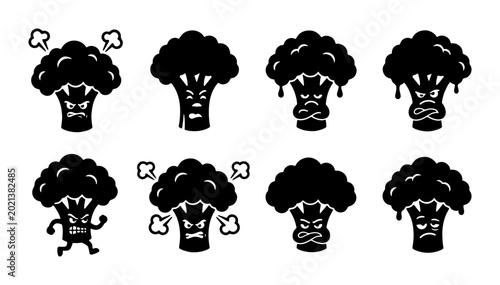 Schilderij op canvas Angry Broccoli Vector Icons Set, Expressing Frustration and Annoyance, Cartoon V