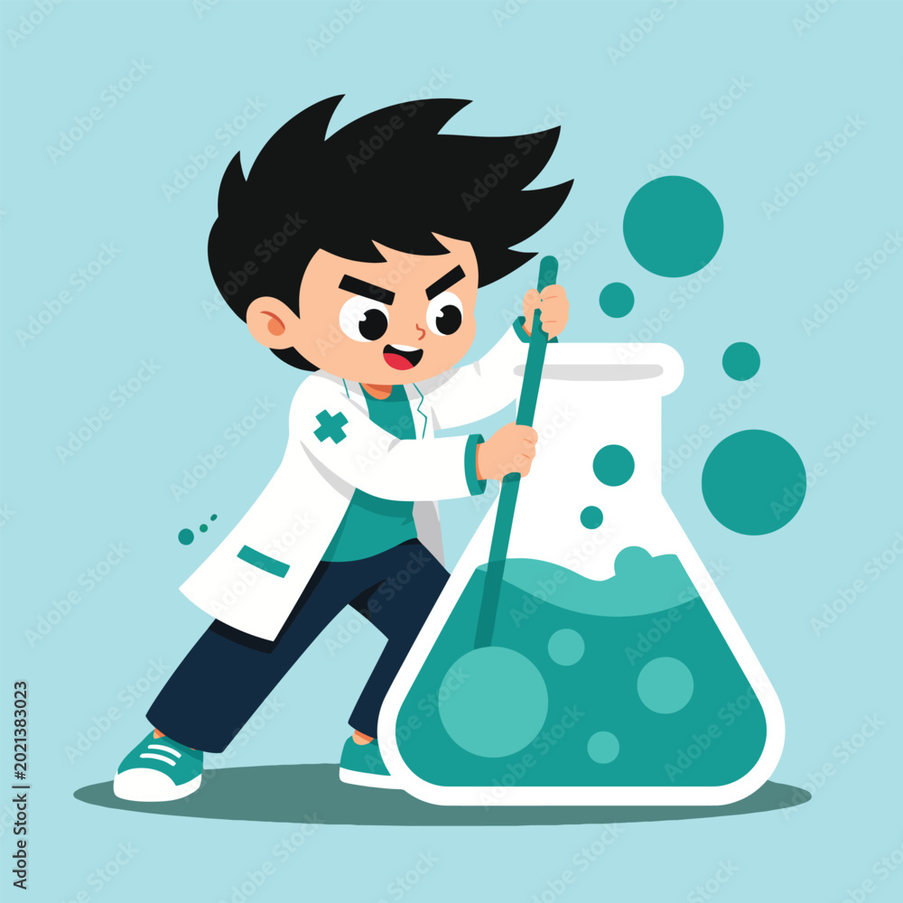 Fototapeta premium Energetic Kid Scientist Mixing Bubbling Green Potion