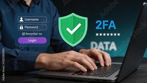 Two factor authentication security concept with login form, password protection shield and verification code on laptop screen for safe online account access and identity