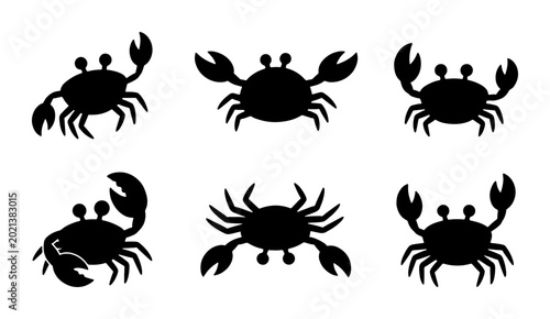 Schilderij op canvas Black Crab Silhouettes Vector Set, Nautical Marine Life Icons, Seafood Crustacea