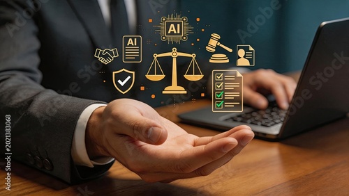 Artificial intelligence legal compliance and regulation concept with scales of justice, gavel and checklist icons for ethical ai governance and law technology integration.