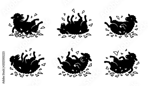 Fényképezés Playful Sheep Rolling Vector Icons, Black Silhouette Farm Animals in Motion, Whi