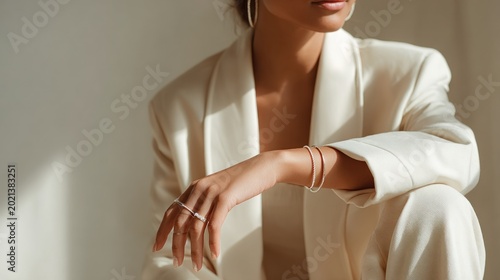 Woman in white suit with jewelry