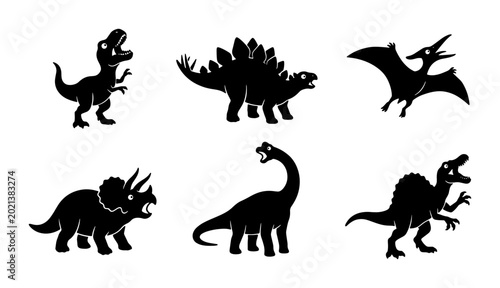 Obraz na płótnie Set of Six Black Dinosaur Silhouettes, Prehistoric Creatures Vector Icons, Juras