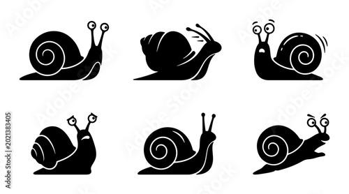 Foto Set of Six Black Silhouette Snail Icons, Vector Illustrations of Gastropods with
