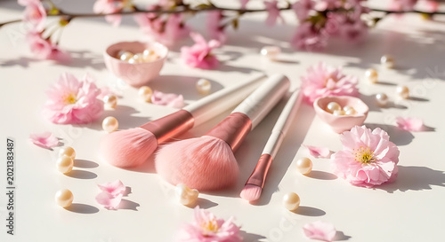 Pink roses with scissors and ribbons on a table