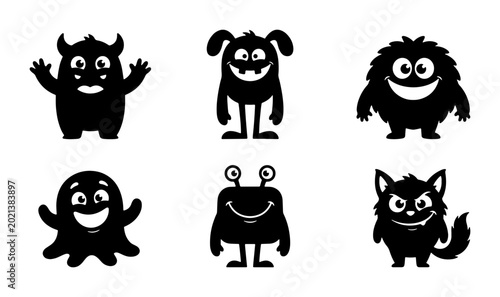 Foto Cute Monster Silhouettes, Whimsical Character Icons, Playful Creature Graphics,