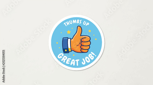 Round blue sticker featuring a thumbs up and the phrase Great Job, celebrating a job well done.
