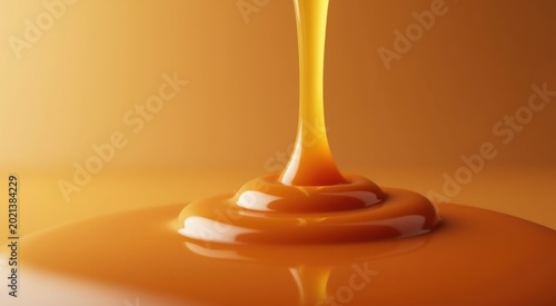 Glossy caramel close-up with slow dripping motion and silky texture food background