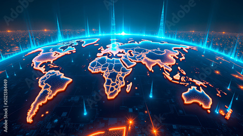 Global digital communication map with glowing interconnected routes representing worldwide data exchange and futuristic cyber technology systems