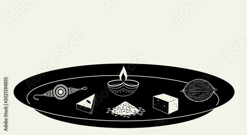 Photos Black and white illustration of a traditional Indian puja thali plate