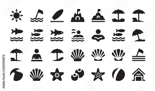 Foto Beach accessories and seashells icons set for summer travel and ocean theme illustration