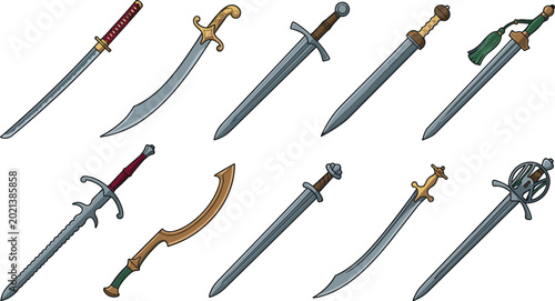 Foto Historical and Fantasy Sword Vector Icon Set Featuring Ancient Katana Scimitar B