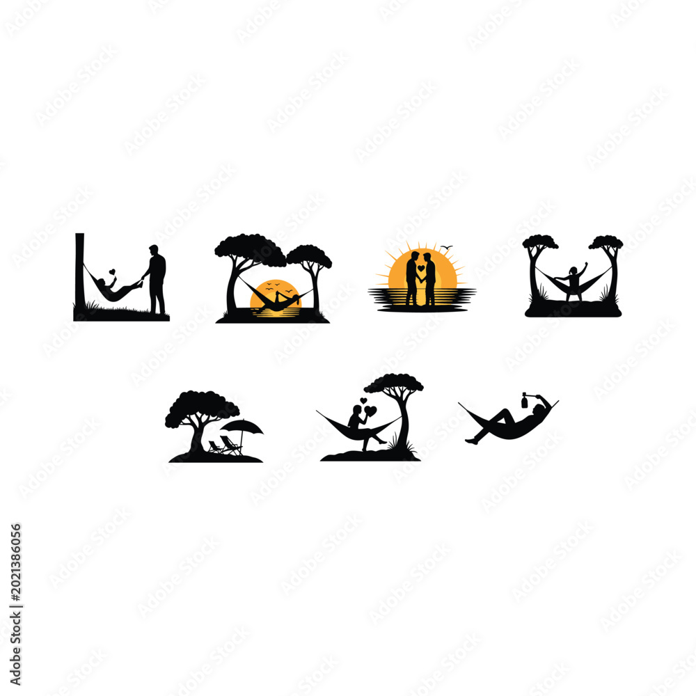 Obraz premium Set of hammock silhouette vector illustrations featuring romantic sunset and relax scene.
