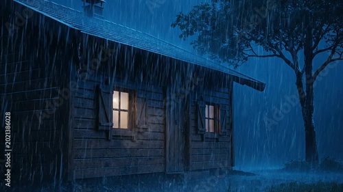 Heavy Rain Falling on a Rustic Wooden Cabin at Night with Warm Light Inside.