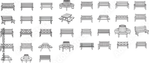 Vector line art set of park benches and outdoor seating icons