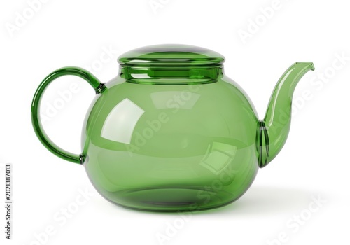 A vibrant green glass teapot with a sleek handle and spout, perfect for serving tea.