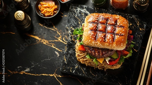 Gourmet ramen burger with sesame glazed bun beef patty fresh vegetables instant noodles black marble surface premium restaurant food styling photography