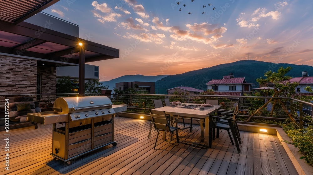 Fototapeta premium Sunset Grill and Dining on a Mountaintop Deck