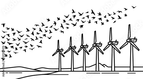 Foto Black and white line art illustration of a flock of birds flying over wind turbines
