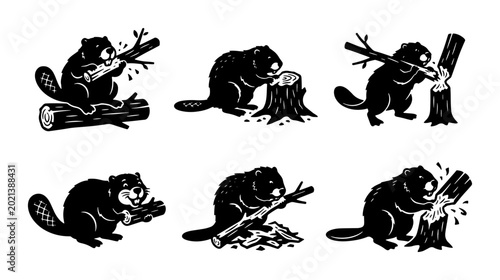 Canvastavla Beaver Vector Icons Set, Woodland Wildlife Rodent Actions, Forest Animal Buildin