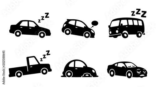 Cuadro en lienzo Sleeping Cars Vector Icons, Tired Vehicles Zzz Symbols, Exhausted Auto Graphics,