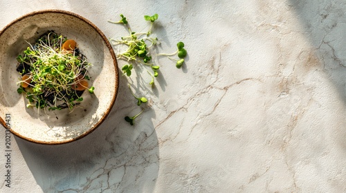 Top view composition of a minimal healthy dish placed in the upper left corner of a pale stone surface, the rest of the frame completely empty except for a few scattered microgreens