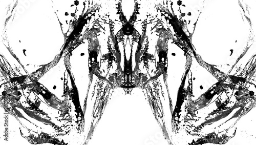 Photos Manchas de tinta negras sobre fondo trasparente, evocando una figura abstracta tipo Rorschach