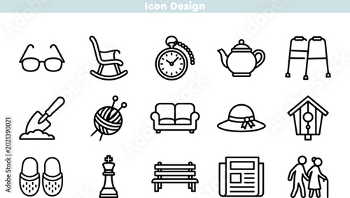 Senior living and geriatric care hobby line icon set. Elderly lifestyle symbols including leisure, home comfort, and assistance. Editable stroke thin line vector illustration.
