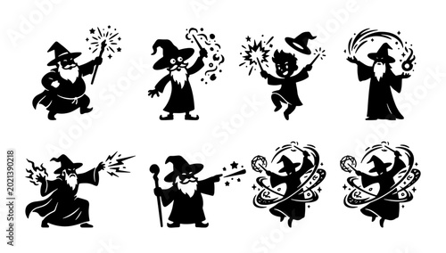 Cuadro en lienzo Magical Wizard Icons, Sorcerer Silhouettes, Enchanted Characters, Fantasy Spellc