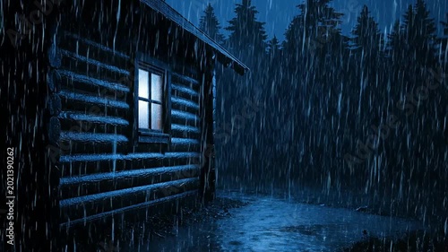 Rainy Night Scene with Wooden Cabin and Forest.