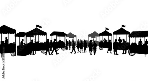Photos Silhouette illustration of a bustling outdoor street market with stalls and people