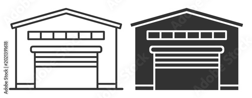 Foto garage building icon set with closed rolling doors outline and solid style vecto