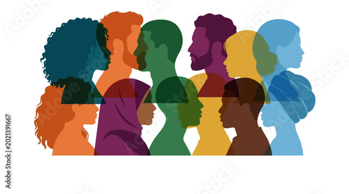 Diverse group of people silhouettes in vibrant colors representing multicultural unity and inclusion.