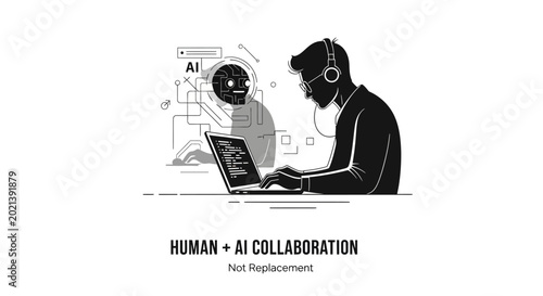 A man wearing headphones working on a laptop computer with an artificial intelligence assistant interface.