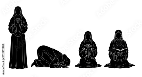 Photos Silhouettes of Muslim Women Praying and Reading Quran.