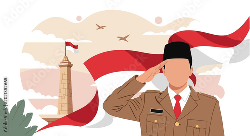 Indonesian government official saluting in brown uniform.