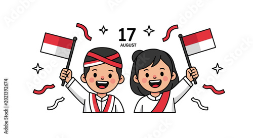 Happy Indonesian children celebrating independence day with national flags.