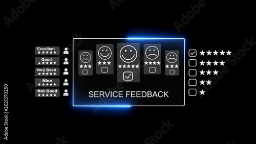 Service feedback digital dashboard featuring glowing neon ui and five star rating system for measuring consumer sentiment and assurance analysis on a minimalist dark background screen