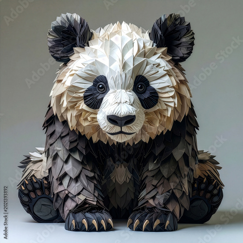 Hyperrealistic papercraft giant panda with detailed black and white layered paper fur, 3D origami bear art sitting front view isolated on neutral background, cute wildlife animal sculpture

