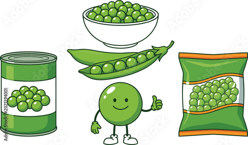 Green Peas Collection Vector Illustration Featuring Fresh Pea Pods Canned Vegetables Packaged Food and Cute Cartoon Character