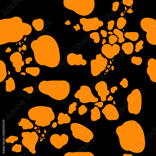Memphis style seamless pattern. Black and orange cow or Dalmatian dog spot print. Funky background for wrapping paper and fabric. Creative abstract trendy design. Repeating graphic elements. 
