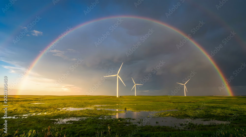 Fototapeta premium Golden Hour Rainbow Over Modern Wind Farm, Serene Sustainable Landscape, windfarm climate change, renewable energy